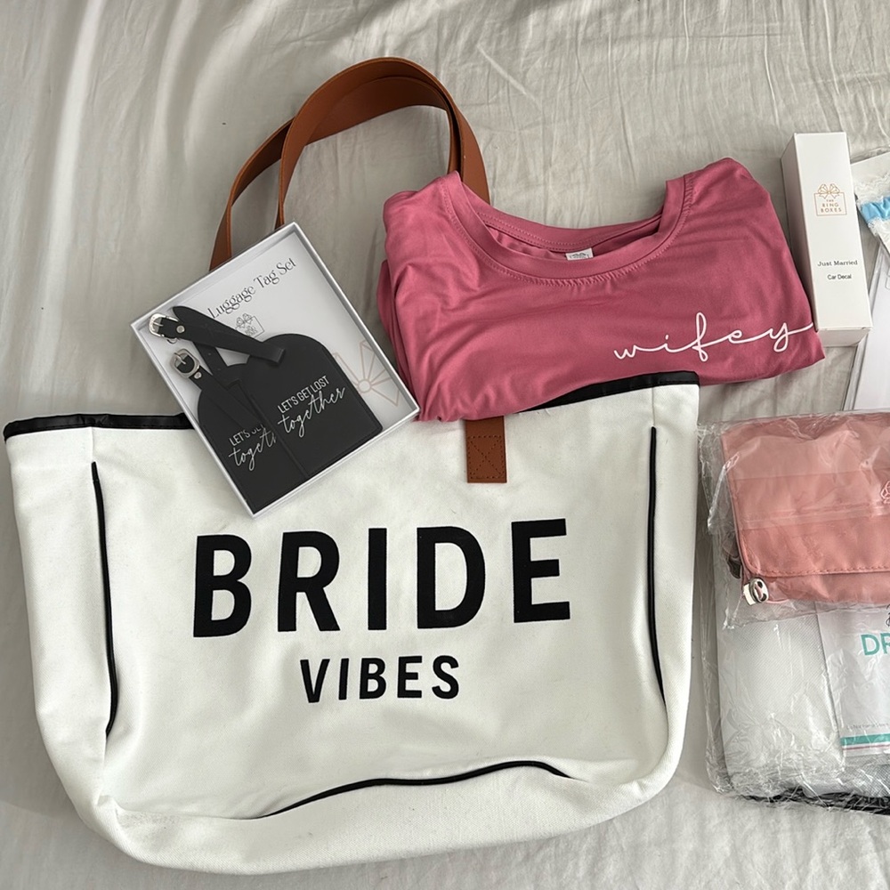 Bride to be bag filled with bride goodies